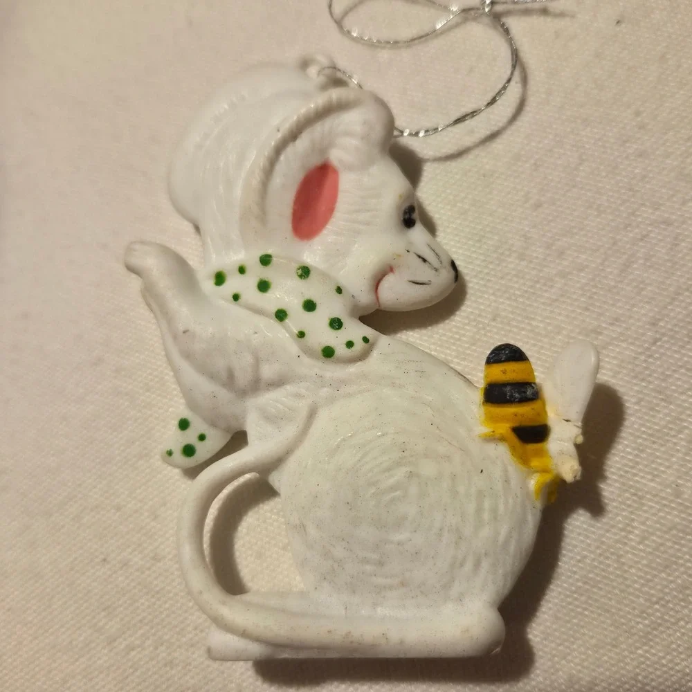 Vintage Christmas Mouse Ornaments Set of 3 Plastic White Mice Hong‎ Kong Retro